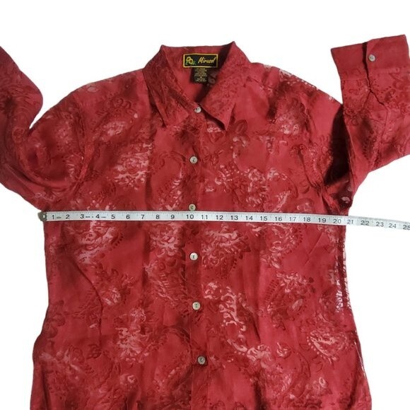 Mirasol Red Floral 3/4 Sleeve Semi-Sheer Button-Up Top Sz M - Picture 12 of 14